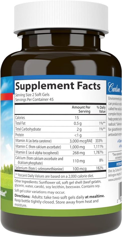 Carlson - ACES, Vitamins A, C, E + Selenium, Cellular Health & Immune Support, Antioxidant, 90 Softgels...