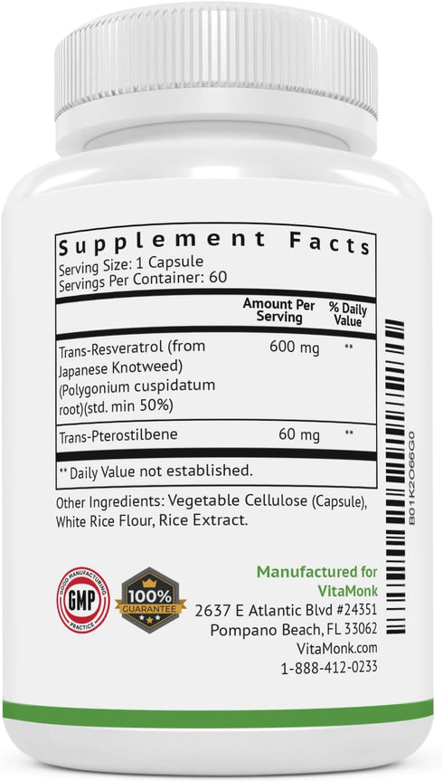 VitaMonk Resveratrol with Pterostilbene 600mg/60mg - No Artificial Fillers Healthy Aging and Longevity Supplement - 60 Capsules - Precise Formula ...