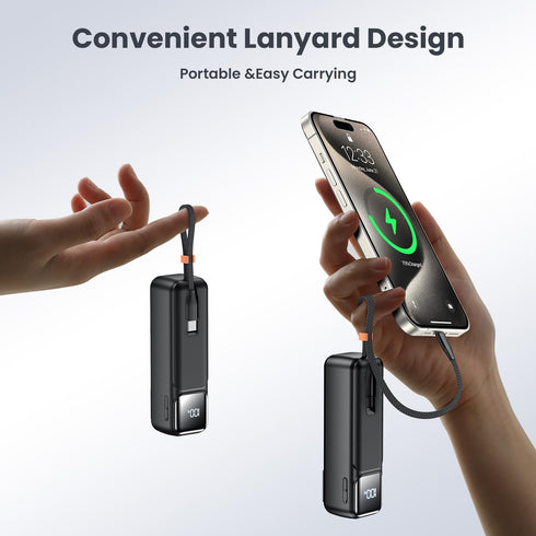 Small Portable Charger with Foldable Wall Plug 5000mAh,22.5W Fast Charging Power Bank Built in USB-C Cable,Mini External Battery Pack with LED Dis...