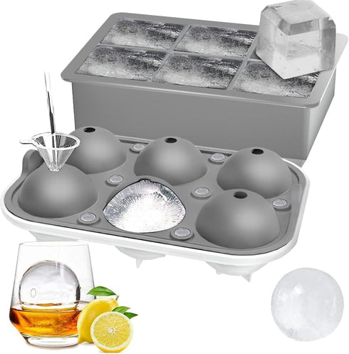 ROTTAY Ice Cube Trays (Set of 2), Sphere Ice Ball Maker with Lid & Large Square Ice Cube Maker for Whiskey, Cocktails and Homemade, Keep Drinks Ch...
