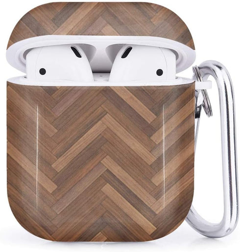 Compatible with Airpods 2 & 1 – Shockproof TPU Gel Portable Protection Soft Case Cover Skin with Carabiner Clip Keychain (Wood Parquet Texture Her...