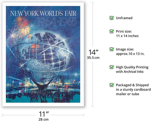 1964 New York World’s Fair - Unisphere Globe - Vintage Travel Poster by Bob Peak - Fine Art Matte Paper Print (Unframed) 11x14in...