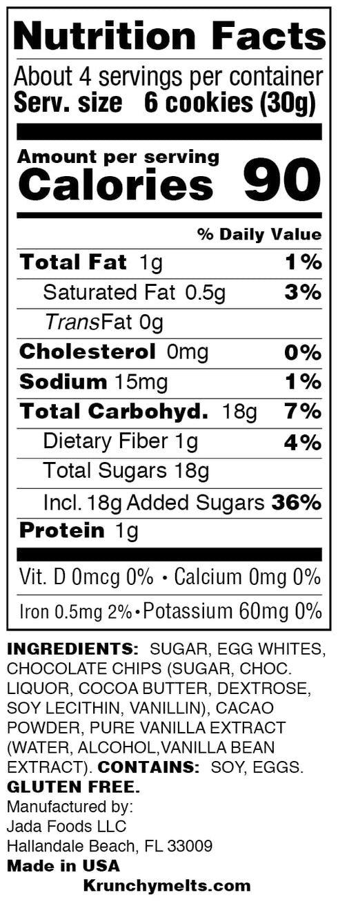 Krunchy Melts Original Meringue Cookies | Chocolate Chip Flavor | Only 90 Calories Per Serving | Low Fat, Gluten Free, Dairy Free (4 Oz)...