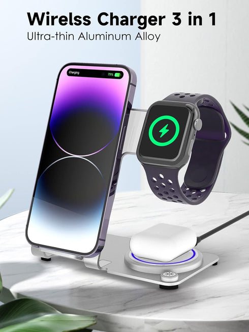 Wireless Charger 3 in 1,Aluminum Alloy Wireless Charging Stand 18W Fast Charging for iPhone 15/14/13/12/11/Pro/Max/XS/XR/X/8, iWatch9/8/7/6/5/4/3/...
