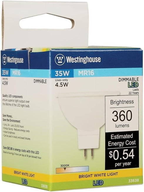 Westinghouse 3363800 35-Watt Equivalent MR16 Flood Dimmable Bright White LED Light Bulb with GU5.3 Base, 1 Count (Pack of 1)...