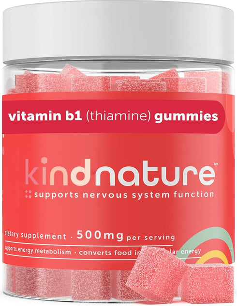 Kind Nature Vitamin B1 Gummies - Chewable Thiamine 500mg per Serving - Non GMO, Vegan, Natural Strawberry Flavor Thiamine B1 Supplement for Adults...