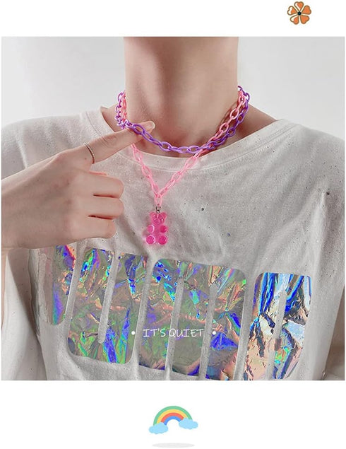 Lovely Gummy Bear Pendant Necklace Pink Acrylic Chunky Chain Cute Candy Color Bear Necklace for Women Jewelry Gift...