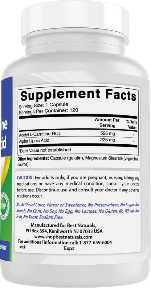 Best Naturals Acetyl L-Carnitine and Alpha Lipoic Acid 750 mg 120 Capsules...