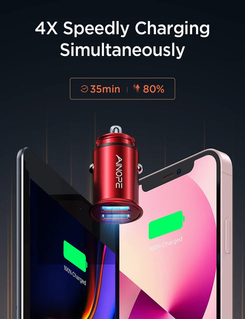 Car Charger, AINOPE Smallest 4.8A All Metal Car Charger Adapter Fast Charge USB Car Charger Flush Fit Compatible with iPhone 13/12/11 pro/XR/x/7/6...