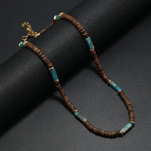 Wooden Beads Choker Necklace Bohemian Turquoise Handmade Coconut Beaded Surfer Necklace for Women Men...