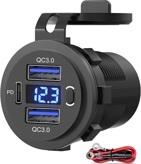 Dual USB Quick Charge 3.0 Port & PD USB C Car Charger Socket, 12V USB Outlet with Voltmeter and Power Switch for Car Boat Marine Truck......