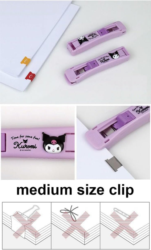 Clamp Clip Dispenser Stapler Cute Animal Faced Reusable Kuromi Clip Dispenser/Portable Handheld Paper 3 Metal Refill Clips Purple Black Rabbit...