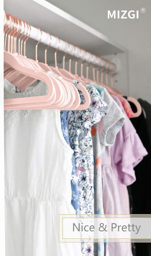MIZGI Premium Kids Velvet Hangers (Pack of 50) with Copper/Rose Gold Hooks,Space Saving Ultra Thin,Non Slip Baby Hangers for Children's Skirt Dres...