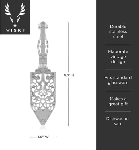 Viski Spoon-Vintage Style Absinthe Dripper with Perforations-Dishwasher Safe Stainless Steel Set of 1, Silver...