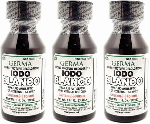 Germa White Iodine Tincture. First Aid Antiseptic. For Minor Scrapes, Cuts, Bruises and Burns. Prevents Skin Infection. 1 oz. Pack of 3...