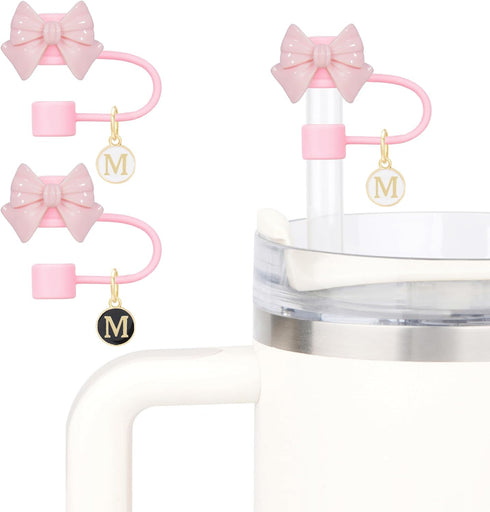 Cute Bow Straw Cover for Stanley Cup With 2 Initial Letter Charms Name ID Accessories Compatible With Stanley 30&40 OZ 10mm Straw Topper, Drinking...