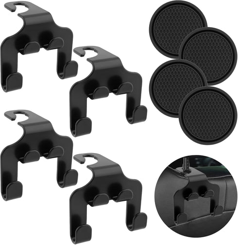 8Pcs 2 in 1 Car Rear Seat Hook and Coaster Combination,Car Coasters,Hook Bracket Stronger Load Bearing Capacity Hexagon Embossed Design Coaster No...
