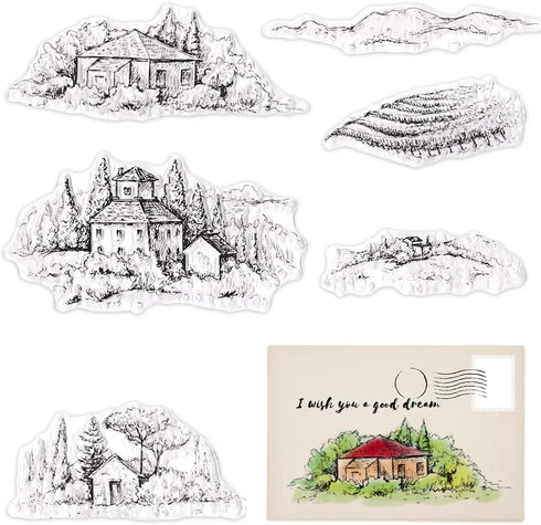 Hying Spring Landscape House Clear Stamps for Card Making, Field Tree Transparent Rubber Stamps for Bullet Journal DIY Scrapbook Decoration Handma...