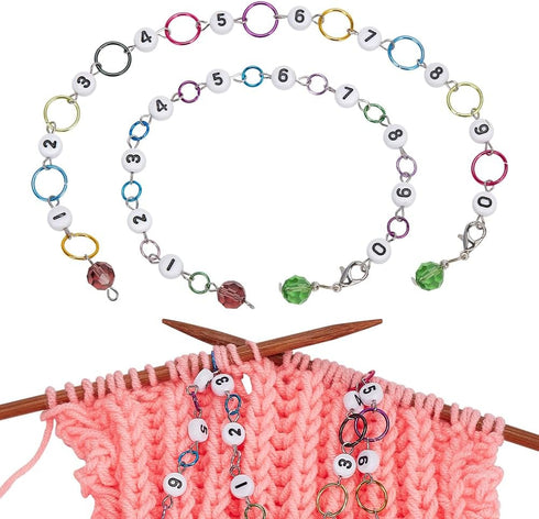 NBEADS 2 Pcs Glass Number Beads Knitting Row Counter Chains, Link Beads Stitch Marker Row Counter Chains with Aluminum Linking Ring for Sewing Kni...