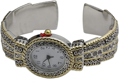 Metal Ladies Western Bangle/Cuff Watch with Simple Rhinestones on Band (Two Tone)...