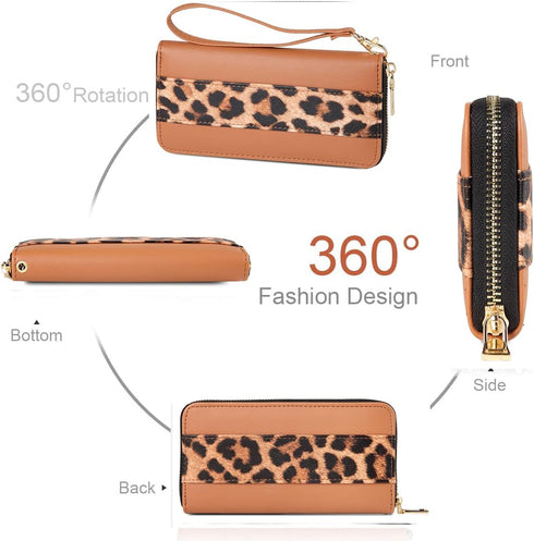 Leopard Print Wallet For Women Cheetah Wristlet Purse Zip Around Card Holder (Leopard&brown)...