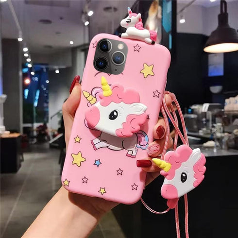 Unicorn Case for iPhone 11 Pro 5.8”, 3D Cartoon Design Cute Elastic Kickstand Protective Case, iPhone 11 Pro Case with String Rope, Kawaii Fashion...