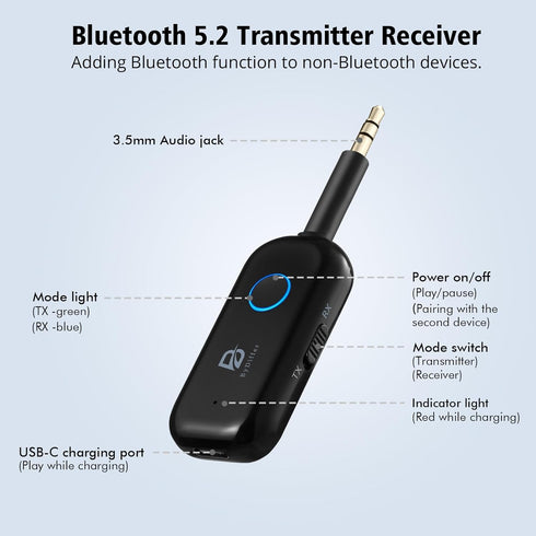 Bluetooth 5.2 Audio Transmitter Receiver for TV to 2 Headphones, ByDiffer Wireless Dual Link 3.5mm Jack AptX Low Latency Aux Bluetooth Adapter for...