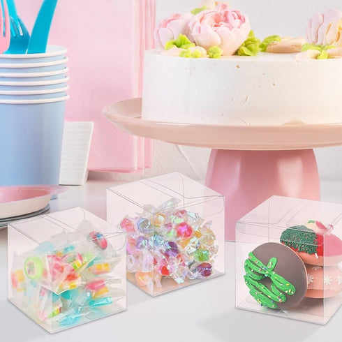 COMFECTO Clear Boxes for Favors 4x4x4, 50 pcs Transparent Giftbox for Macaron Cupcake Candy Cookies Ornament GiftsWedding Party Baby Shower, Singl...