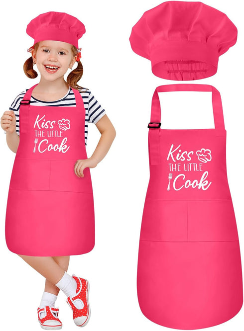 Kids Apron and Chef Hat Set, “Kiss The Little Cook” Apron Adjustable Child Apron Chef Training Funny Apron...