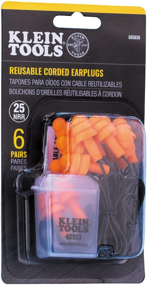 Klein Tools 605036 Corded Earplugs, 25dB NRR, Reusable Orange Earplugs, 6-Pack with Case for Construction, Industrial Use, Shooting and Hunting...