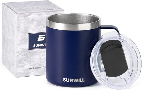 SUNWILL Insulated Coffee Mug with Lid, Travel Tumbler with Handle, 14oz Stainless Steel Cup for Camping, Office, Home, Powder Coated Navy Blue...