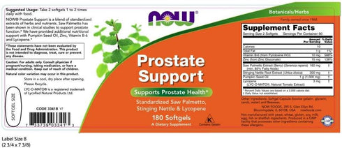 NOW Supplements, Prostate Support, Prostate Support, with Standardized Saw Palmetto, Stinging Nettle & Lycopene, 180 Softgels...