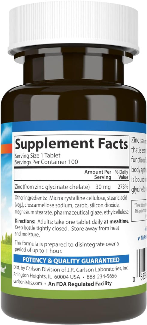 Carlson - Chelated Zinc, 30 mg - Superior Absorption, Immune Support & Enzyme Function, Antioxidant, 100 tablets...