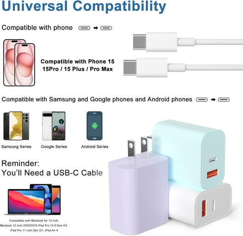 Phone Charger 3Pack 20W Dual Port QC + PD 3.0 Power Adapter PD Fast Wall Charger Block with 1 * 3FT&2 * 6FT C to C Cables Compatible with Phone 15...