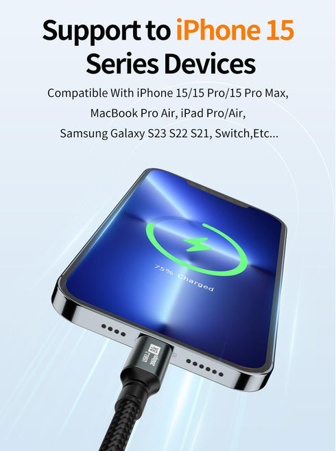 USB-C Cable, 6.6FT, 100W PD Fast Charging, 20Gbps Data Transfer, 8K Video Output, Compatible with iPhone 15, MacBooks, iPad, Galaxy, Pixel, and Mo...