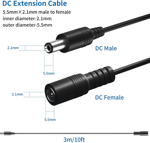 2 Pack 6FT DC Extension Cord, 5.5mm x 2.1mm Male to Female Power Cable for CCTV Security Surveillance IP Cameras, LED Lights Strip, Baby Monitor, ...