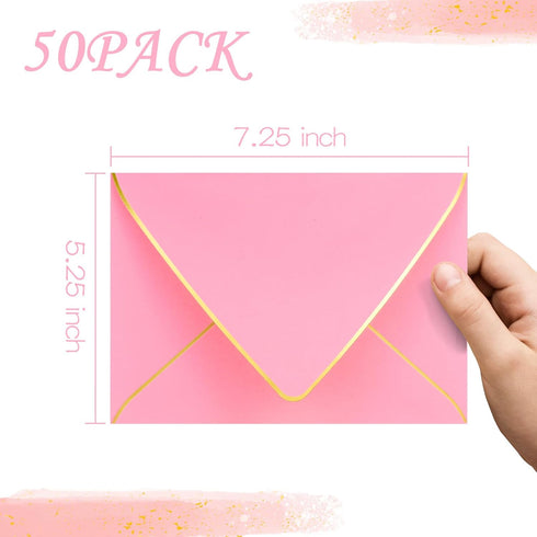 5x7 Envelopes for Invitations with Gold Border,V-Flap Envelopes 50 Pack,A7 Envelopes for Cards,Wedding,Invitations,Baby Shower,All Occasions(Pink)...