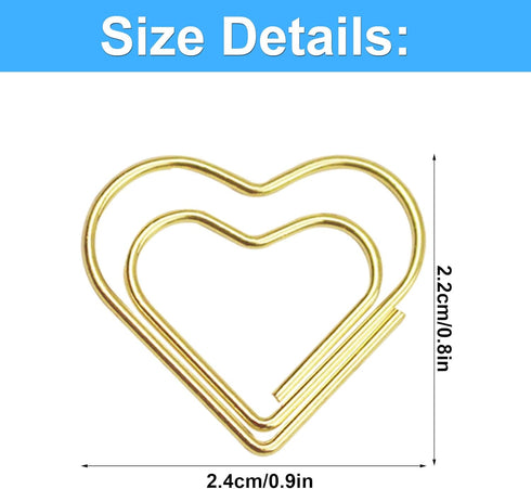 100 Pieces Gold Heart Paper Clips Cute Paper Clips Metal Journaling Paper Clamps Office Paperclips with Clear Plastic Box Paper Document Note Sort...