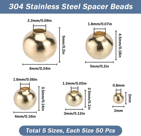 SUNNYCLUE 1 Box 250Pcs 5 Sizes Stainless Steel Beads Bulk 2mm 3mm 4mm 5mm 6mm Gold Spacers Bead Round Ball Bead Golden Rondelle Metal Loose Spacer...