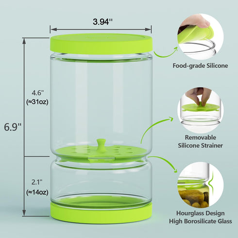 Glass Pickle Jar with Strainer Flip for Pickle Lover - Leakproof Airtight Juice Separator for Olive, Gherkin or Chilli, BPA Free, Dishwasher and R...