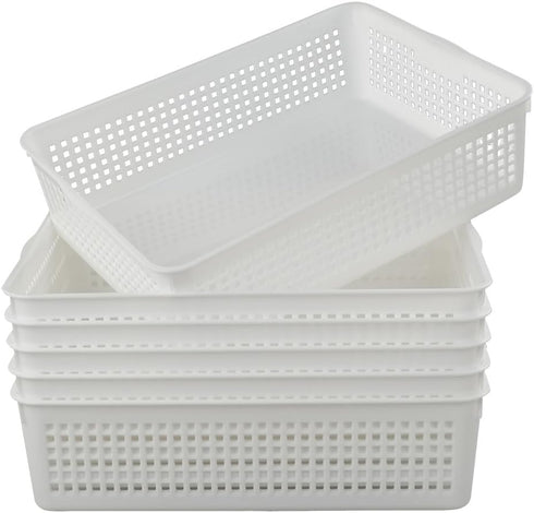 Plastic Storage Trays Baskets/Organizing Baskets, 13.2 Inches x 9.6 Inches x 3.6 Inches, Set of 6 (White)...