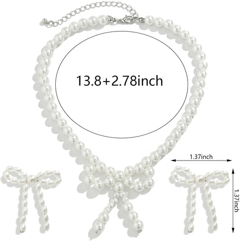 3PCS Silver Pearl Bow Necklace Bow Stud Earrings Jewelry Set for Women,Cute Bowknot Pearl Choker Necklace Stud Drop Earrings Bow Bracelet Set Gift...