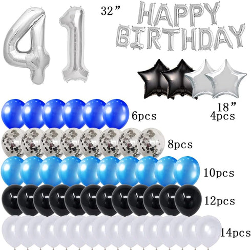 41st Birthday Decorations - 56 Piece Set - Black, Blue, Silver - Adults - Adults, 41st Birthday - Unisex - Balloon Set - Balloons...