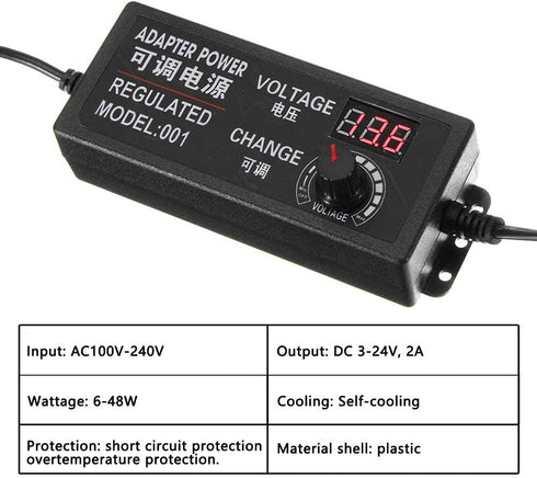 3-24V 2A Adjustable AC/DC Power Adapter, 50-60hz Multi Voltage Power Supply for Household Electronics and LED Strip, 5.5 x 2.5mm US Plug...