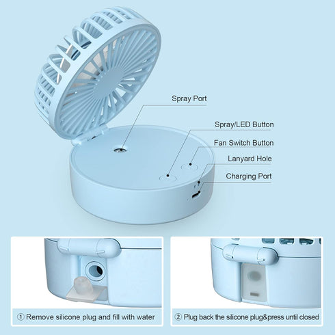 Mini Desk Fan, 3-IN-1 Portable Misting Fan, Necklace Hand Fan with Colorful LED, Small Handheld Fan Foldable, Quiet, Lanyard, Personal Fan for Wom...