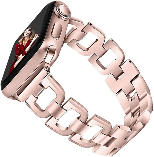 OULUCCI Compatible Apple Watch Band 44mm 42mm 45mm 49mm Women Iwatch Gold Series 9 8 7 6 5 4 3 2 1 Stainless Steel Wristband D-Shape Strap Rose Go...