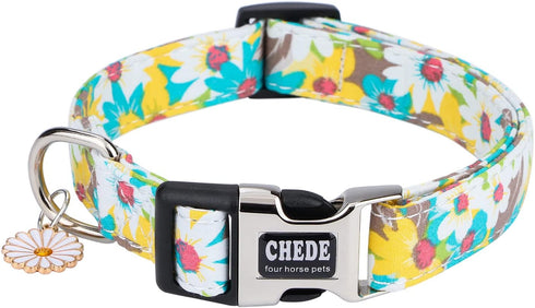 Cotton Dog Collar for Small Medium Large Dogs,Girl Dog Collar with Quick-Release Buckle,Flowers Soft Adjustable Pet Collar (Large, Yellow Daisy)...
