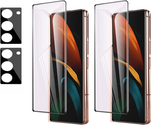 (2 SET=4 PCS) Front Full Covered Black Tempered Glass Back Camera Black Compatible with Galaxy Z Fold 2, Camera Glass Cover Lens Screen Protector ...