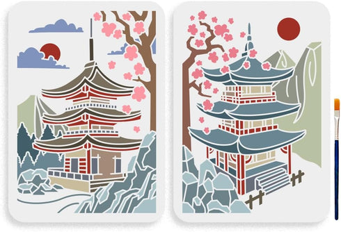 2pcs Japanese Zen Temple Stencil 11.7×8.3inch Large Japanese Style Temples Stencil with Paint Brush Sacred Pagoda Drawing Template for Wood Walls ...