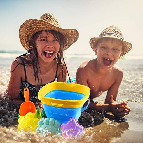 3 otters 15PCS Foldable Beach Bucket, Sand Toys Set Foldable Pail Colorful Beach Bucket with Sand Molds Collapsible Silicone Buckets...